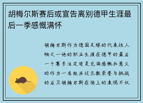 胡梅尔斯赛后或宣告离别德甲生涯最后一季感慨满怀 胡梅尔斯赛后或宣告离别德甲生涯最后一季感慨满怀